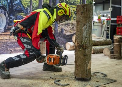 Vorführung am Stand der SVLFG bzgl. Arbeitssicherheit, Mann zersägt Baumstamm